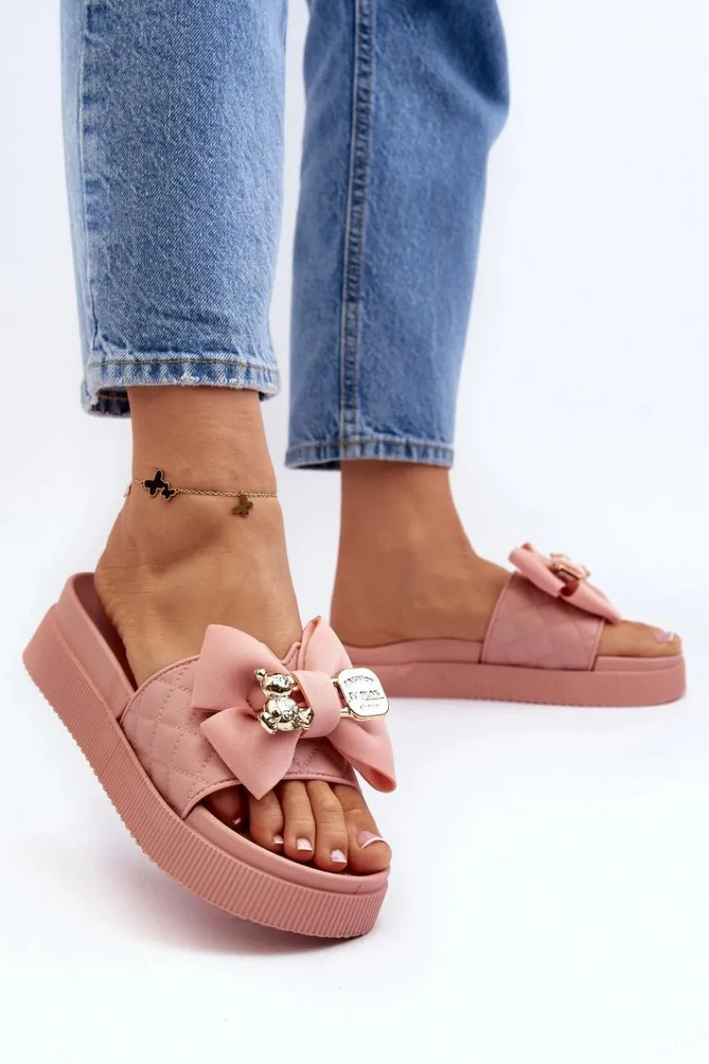 Klapki Damskie Klasyczne>Boto Damskie Klapki Z Kokardą i Misiem Różowe Katterina Różowy