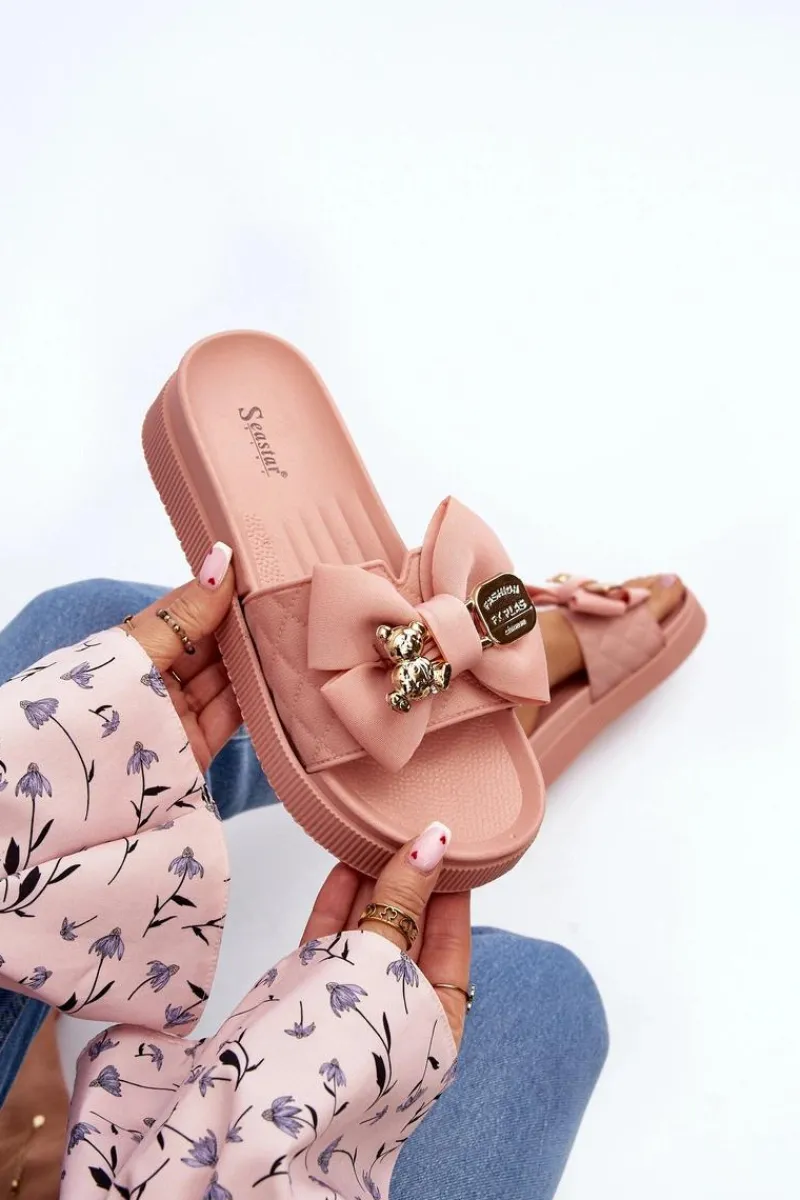 Klapki Damskie Klasyczne>Boto Damskie Klapki Z Kokardą i Misiem Różowe Katterina Różowy