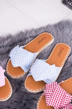 Sale Damskie Klapki Z Kokardkami Pin-up Girl Błękitne Damskie Klapki Damskie Klasyczne