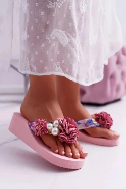 Klapki Na Koturnie|Klapki Na Obcasie>Boto Damskie Klapki Z Kwiatem Japonki Na Koturnie Różowe Sharme