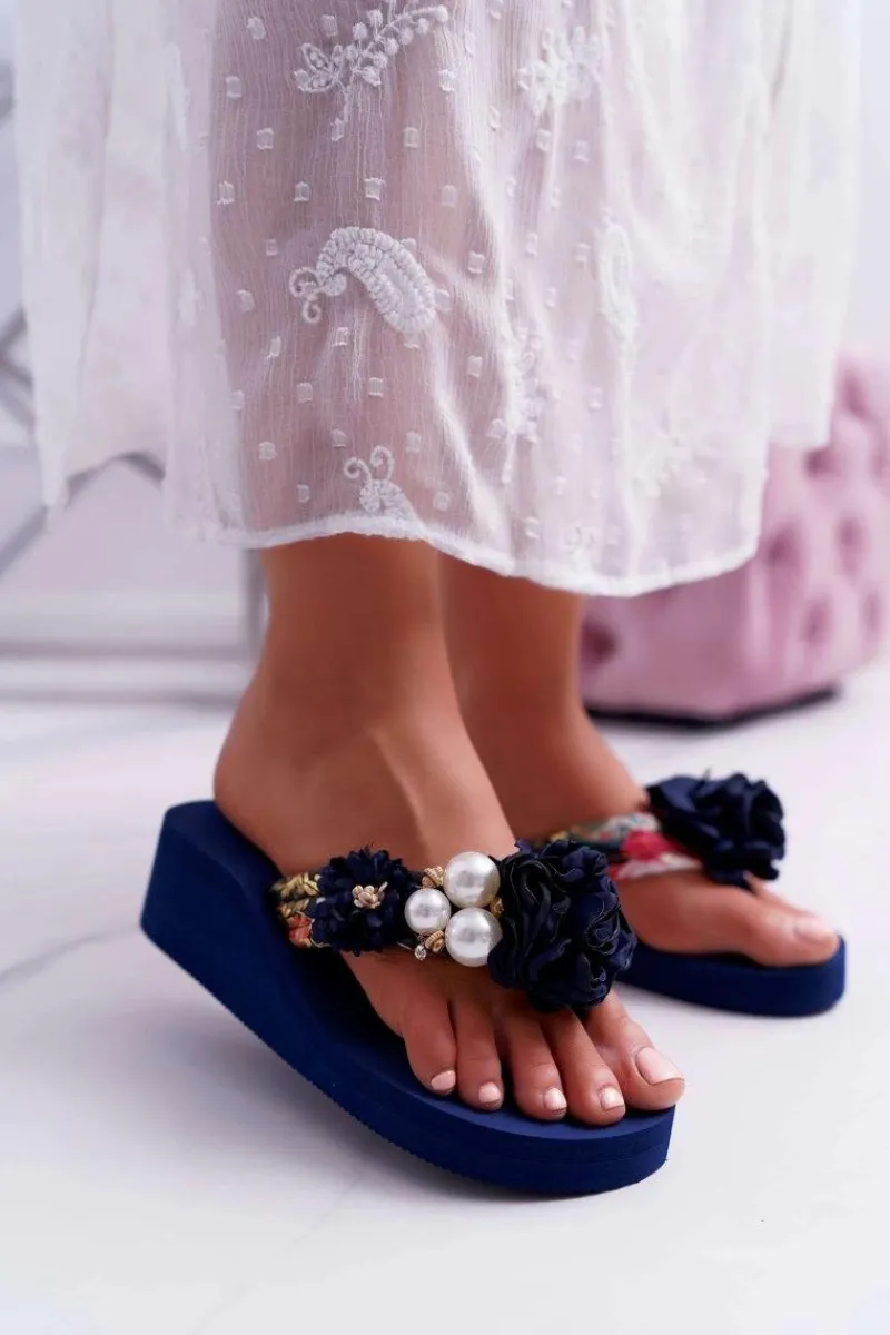 Online Damskie Klapki Z Kwiatem Japonki Na Koturnie Granatowe Sharme Damskie Klapki Na Koturnie|Klapki Na Obcasie
