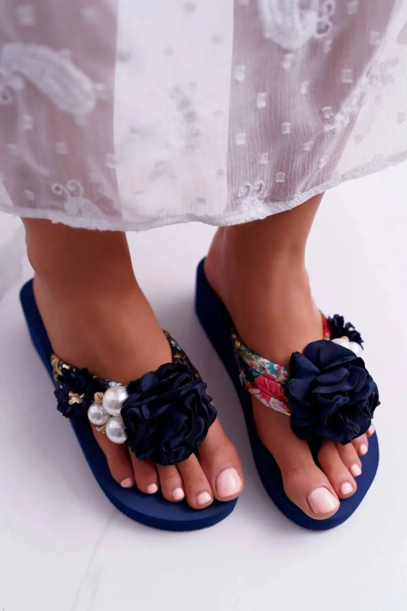 Online Damskie Klapki Z Kwiatem Japonki Na Koturnie Granatowe Sharme Damskie Klapki Na Koturnie|Klapki Na Obcasie