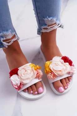 Best Boto Damskie Klapki Z Kwiatem Białe Della