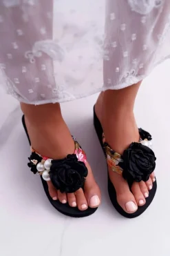 Klapki Na Koturnie|Klapki Na Obcasie>Boto Damskie Klapki Z Kwiatem Japonki Na Koturnie Czarne Sharme