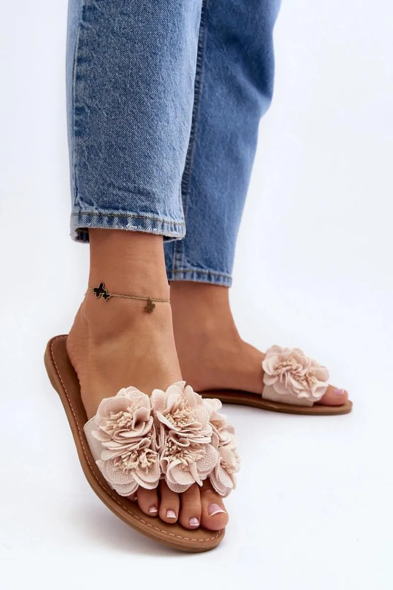 Sale Boto Damskie Klapki Z Kwiatkami Beżowe Eelfan