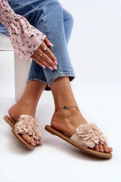 Sale Boto Damskie Klapki Z Kwiatkami Beżowe Eelfan