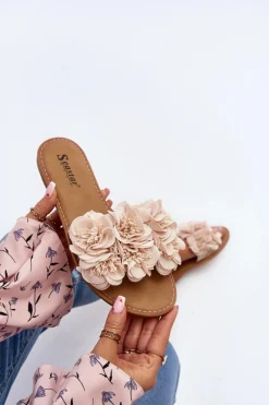 Sale Boto Damskie Klapki Z Kwiatkami Beżowe Eelfan