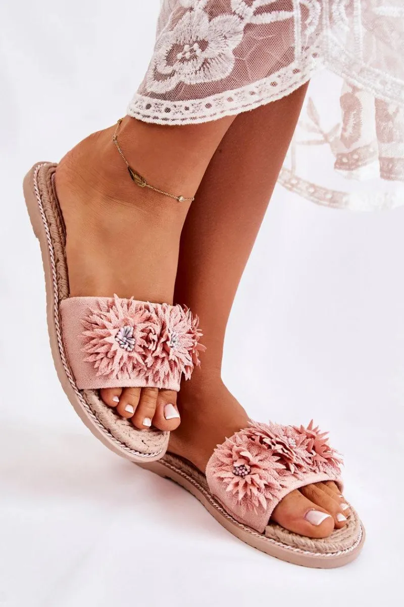 New Boto Damskie Klapki Z Materiałowymi Kwiatami Różowe Susana