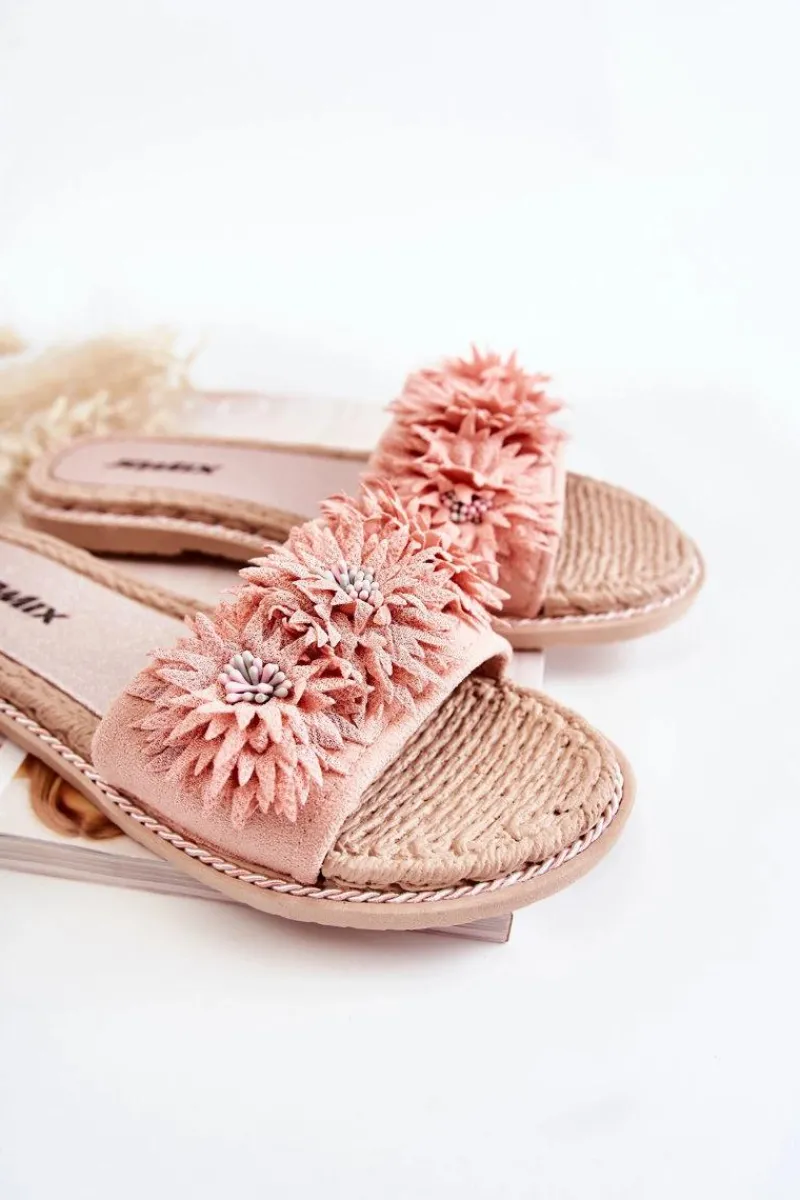New Boto Damskie Klapki Z Materiałowymi Kwiatami Różowe Susana