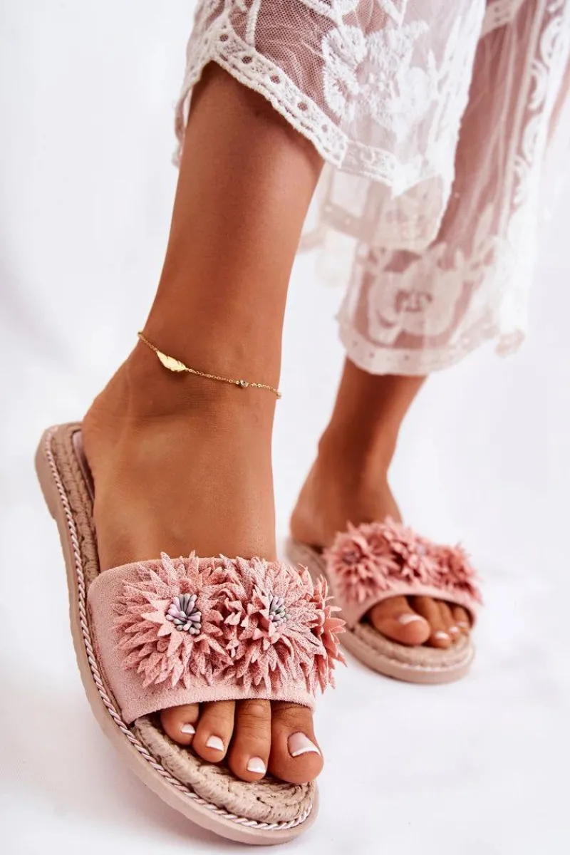 New Boto Damskie Klapki Z Materiałowymi Kwiatami Różowe Susana