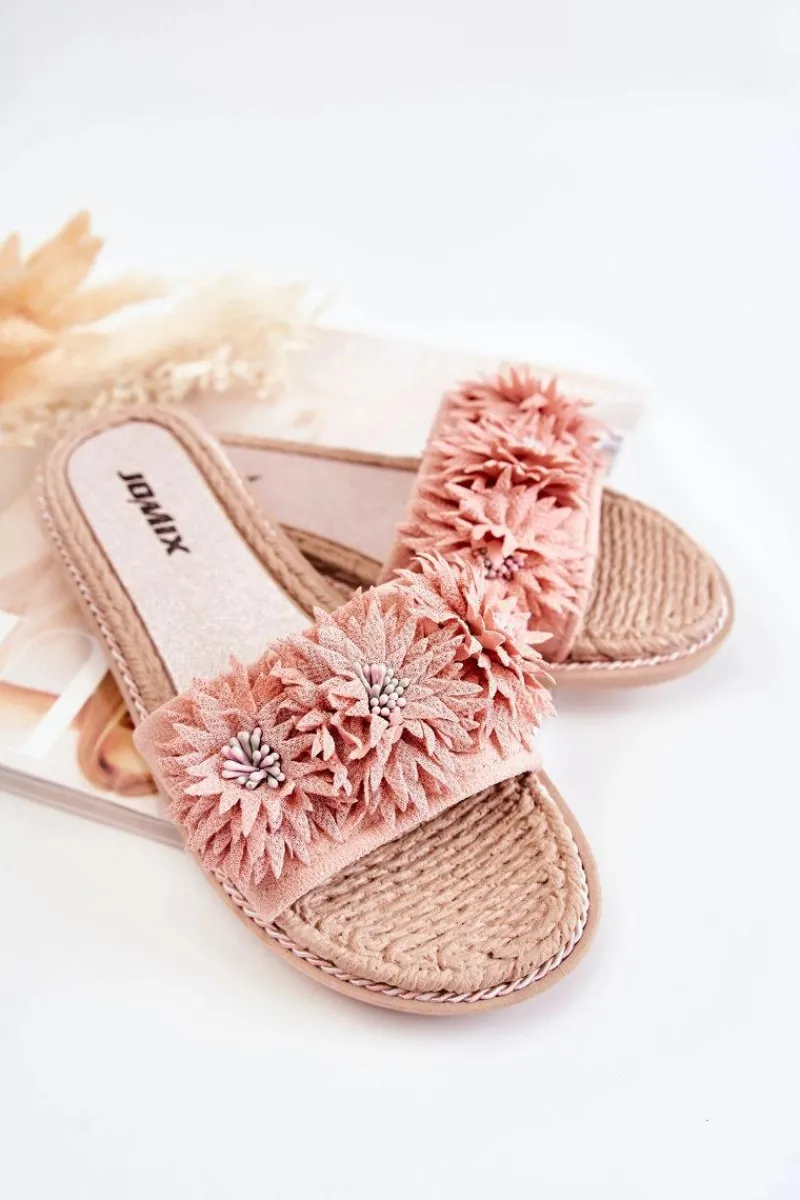 New Boto Damskie Klapki Z Materiałowymi Kwiatami Różowe Susana