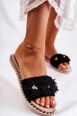 Best Boto Damskie Klapki Z Materiałowymi Kwiatami Czarne Susana