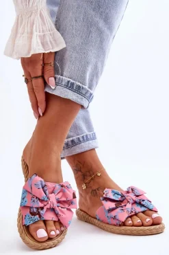 Best Boto Damskie Klapki Z Materiałową Kokardą Różowe Blossom