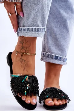 Damskie Klapki Z Modnymi Ozdobami S.Barski KV-576-4 Czarne Damskie Klapki Damskie Klasyczne