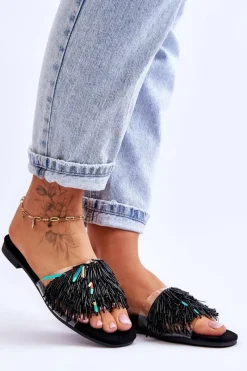 Damskie Klapki Z Modnymi Ozdobami S.Barski KV-576-4 Czarne Damskie Klapki Damskie Klasyczne