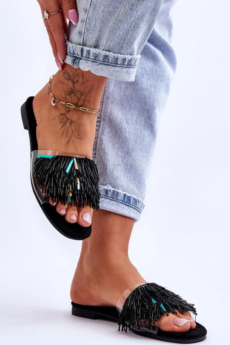 Damskie Klapki Z Modnymi Ozdobami S.Barski KV-576-4 Czarne Damskie Klapki Damskie Klasyczne