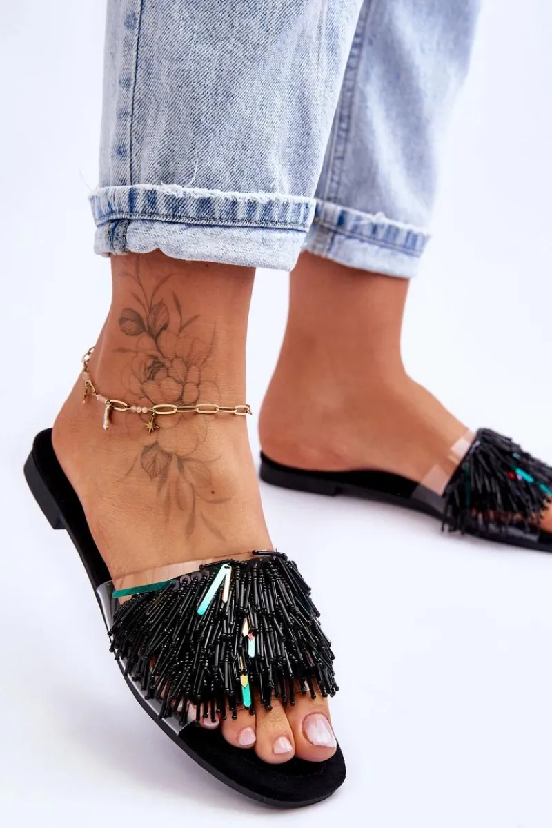 Damskie Klapki Z Modnymi Ozdobami S.Barski KV-576-4 Czarne Damskie Klapki Damskie Klasyczne