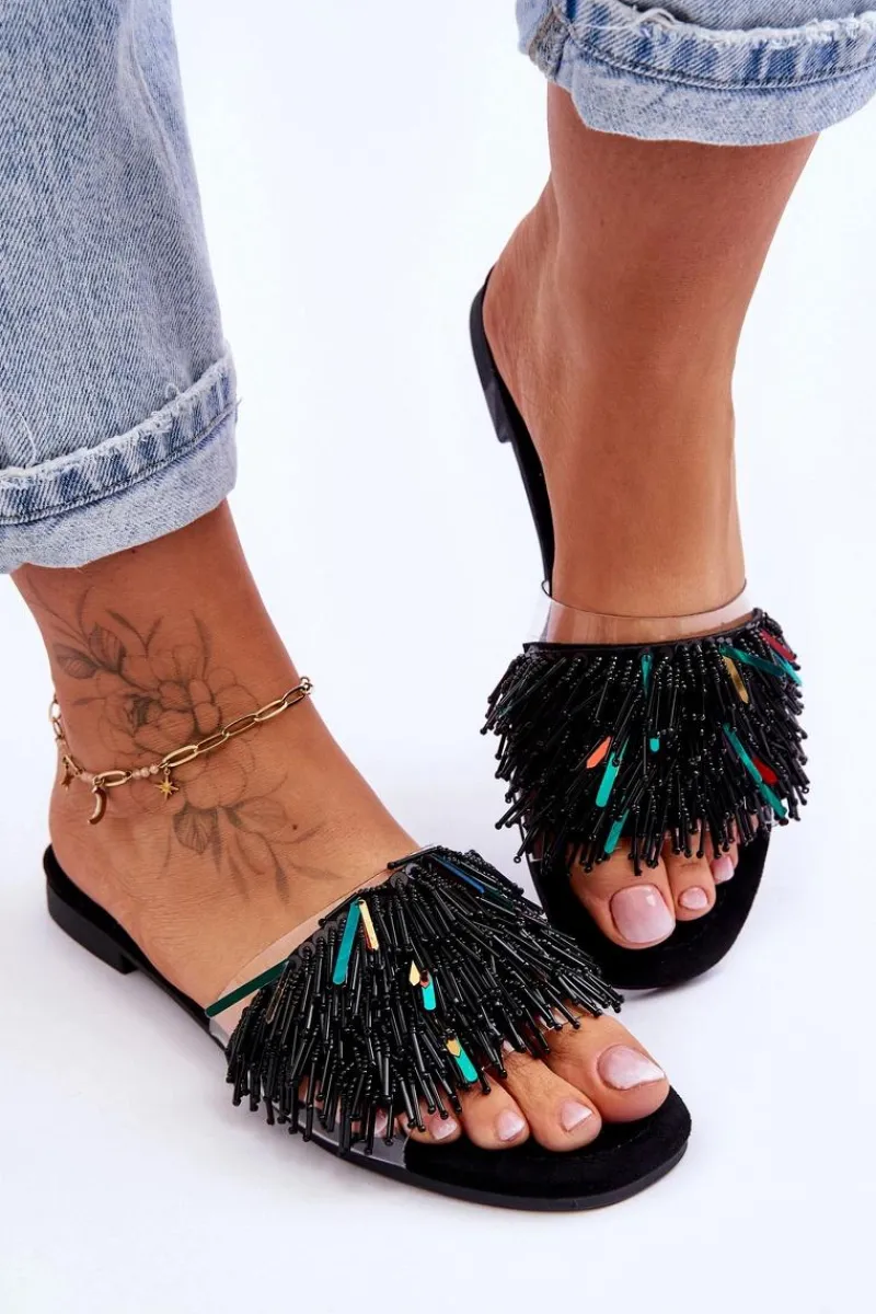 Damskie Klapki Z Modnymi Ozdobami S.Barski KV-576-4 Czarne Damskie Klapki Damskie Klasyczne