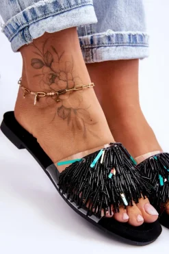 Damskie Klapki Z Modnymi Ozdobami S.Barski KV-576-4 Czarne Damskie Klapki Damskie Klasyczne