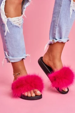 Boto Damskie Klapki z Naturalnym Futerkiem Fuksja Naturis