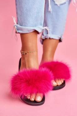 Boto Damskie Klapki z Naturalnym Futerkiem Fuksja Naturis