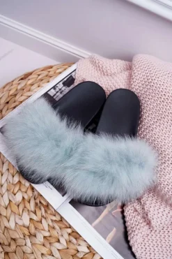 Outlet Boto Damskie Klapki z Naturalnym Futerkiem Miętowe Naturis