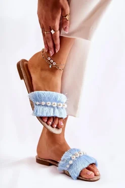 Best Boto Damskie Klapki Z Ozdobnym Paskiem Niebieskie Ramisa