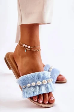 Best Boto Damskie Klapki Z Ozdobnym Paskiem Niebieskie Ramisa