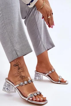 Discount Damskie buty S.Barski Damskie Klapki Z Ozdobnymi Cyrkoniami Srebrne Leyla