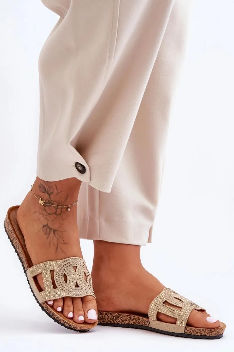 Outlet Damskie Klapki Zdobione Ćwiekami Beżowe Evelins Damskie Klapki Korkowe|Klapki Na Platformie