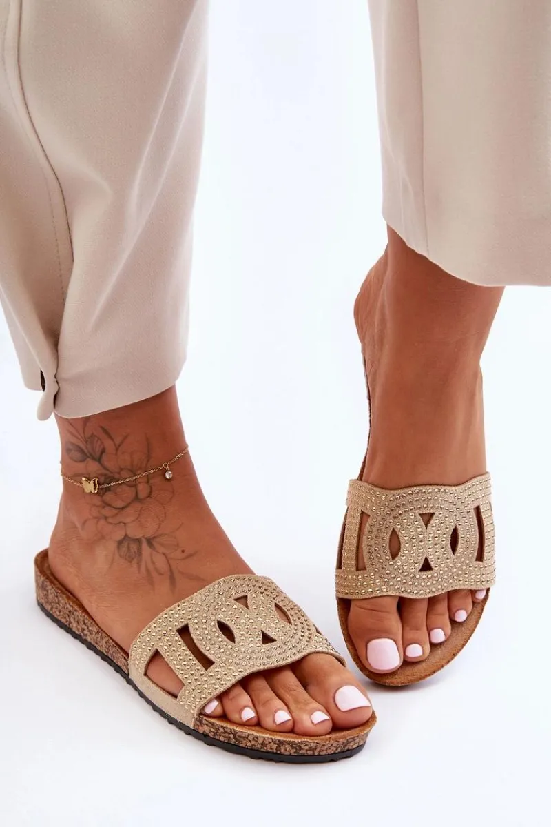 Outlet Damskie Klapki Zdobione Ćwiekami Beżowe Evelins Damskie Klapki Korkowe|Klapki Na Platformie