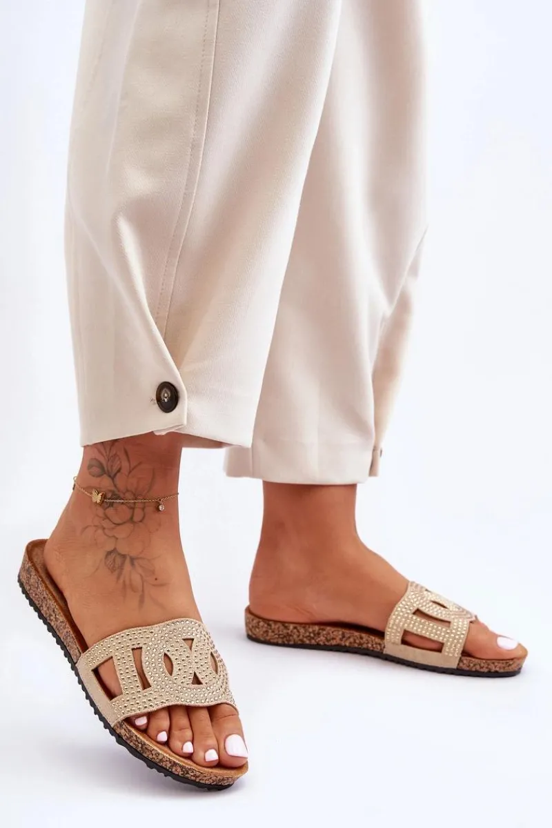 Outlet Damskie Klapki Zdobione Ćwiekami Beżowe Evelins Damskie Klapki Korkowe|Klapki Na Platformie