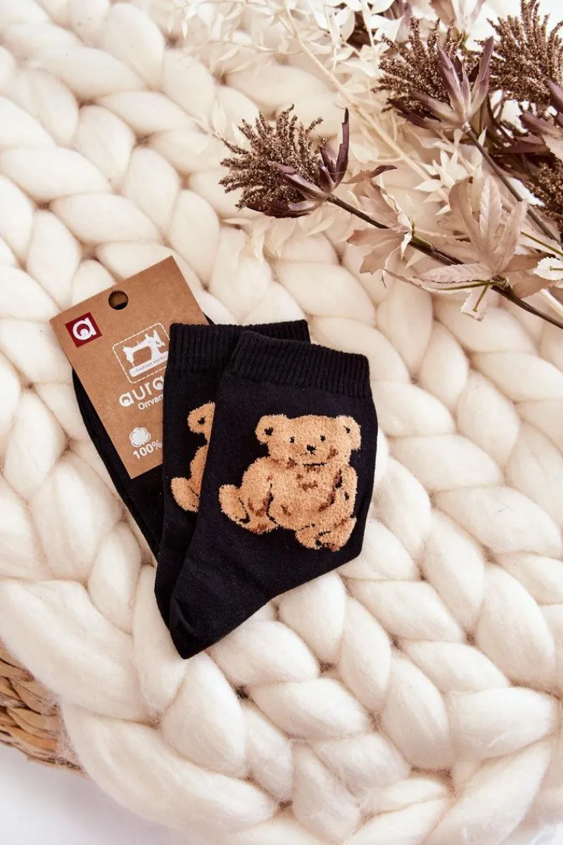Clearance Aura.via Damskie Klasyczne Bawełniane Skarpetki Z Misiem Czarne