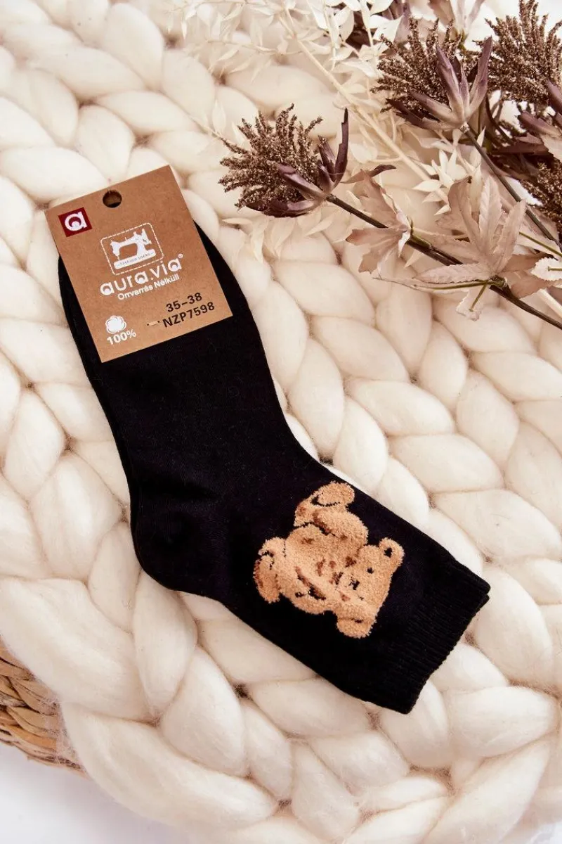 Clearance Aura.via Damskie Klasyczne Bawełniane Skarpetki Z Misiem Czarne