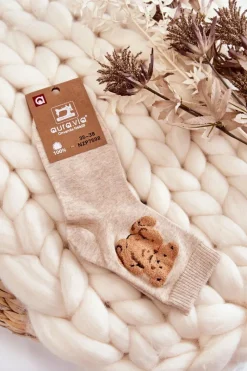 Outlet Aura.via Damskie Klasyczne Bawełniane Skarpetki Z Misiem Beżowe