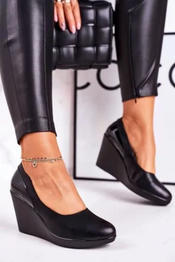 Sale Boto Damskie Klasyczne Czółenka Na Koturnie Lakierowane Czarne Ivonne