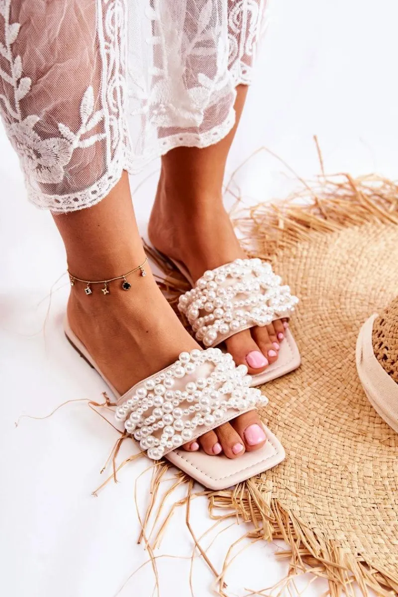 Hot Boto Damskie Klasyczne Klapki Z Perłami Beżowe Calipso