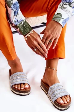 Klapki Damskie Klasyczne>Damskie buty S.Barski Damskie Klasyczne Klapki Z Łańcuszkiem Niebieskie Maddy