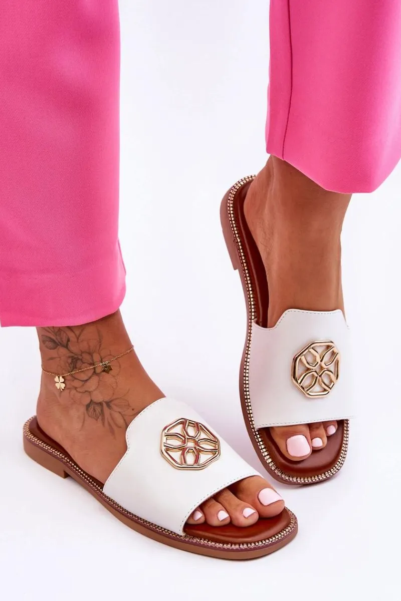 Outlet Boto Damskie Klasyczne Klapki Na Płaskim Obcasie Białe Larotte