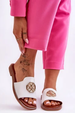 Outlet Boto Damskie Klasyczne Klapki Na Płaskim Obcasie Białe Larotte