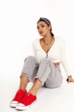 Hot Big Star Shoes Damskie Klasyczne Niskie Trampki Big Star DD274339 Czerwone Czerwony