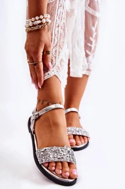 Best Damskie Klasyczne Sandałki Z Ozdobami Srebrne Florella Damskie Sandały Płaskie