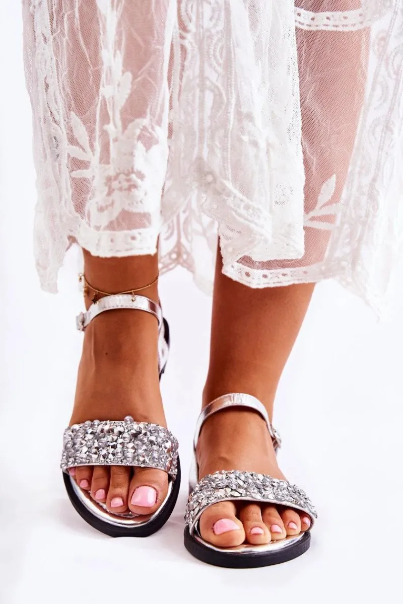 Best Damskie Klasyczne Sandałki Z Ozdobami Srebrne Florella Damskie Sandały Płaskie