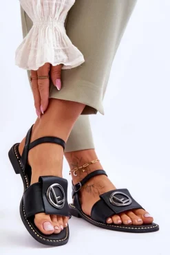 Damskie Klasyczne Sandały S.Barski KV-2775-45 Czarne Damskie Sandały Płaskie