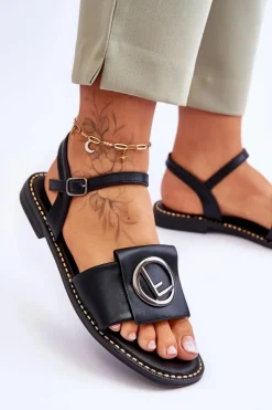 Damskie Klasyczne Sandały S.Barski KV-2775-45 Czarne Damskie Sandały Płaskie