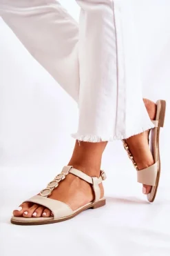 Outlet Damskie Klasyczne Sandały Z Ozdobnym Paskiem Beżowe Terina Damskie Sandały Płaskie