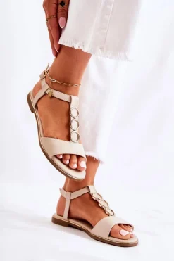 Outlet Damskie Klasyczne Sandały Z Ozdobnym Paskiem Beżowe Terina Damskie Sandały Płaskie