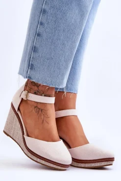 Boto Damskie Klasyczne Sandały Na Koturnie Beżowe Malani