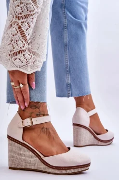 Boto Damskie Klasyczne Sandały Na Koturnie Beżowe Malani