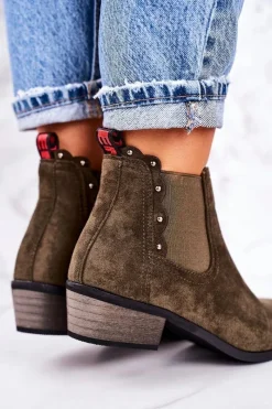 New Damskie Klasyczne Sztyblety Botki Zamszowe Ciemno Zielone Walker Damskie Botki Na Słupku|Czarne Botki